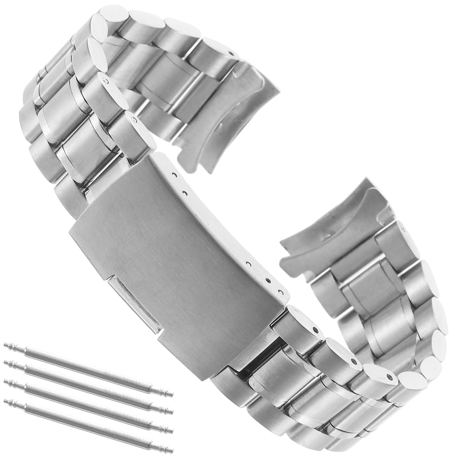 

4pcs 20Mm Stainless Steel Watch Band Curved End Solid Links Bracelet Replacement Durable Silver Tone Foldover Clasp