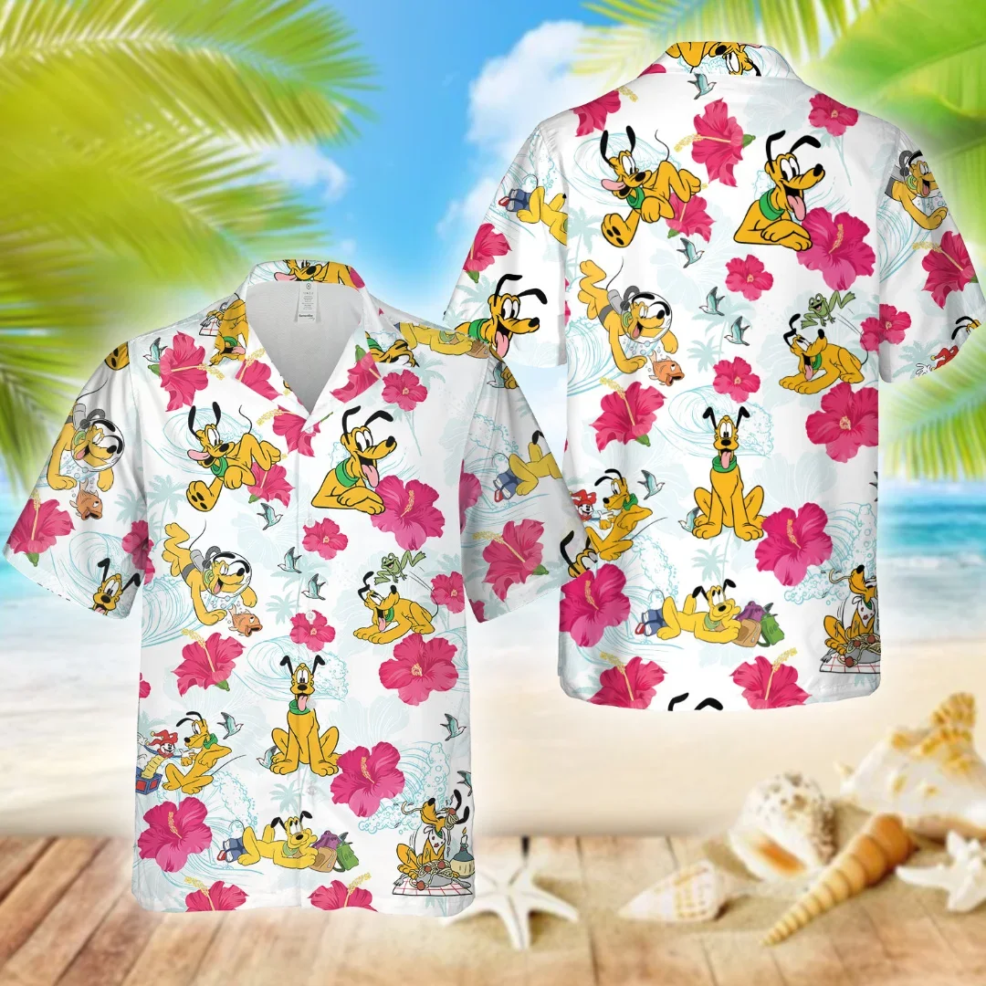 Disney Pluto Dog Hawaiian Shirts Men's Women Summer Short Sleeve Shirts Disney Hawaiian Shirts Casual Beach Shirts Harajuku Top