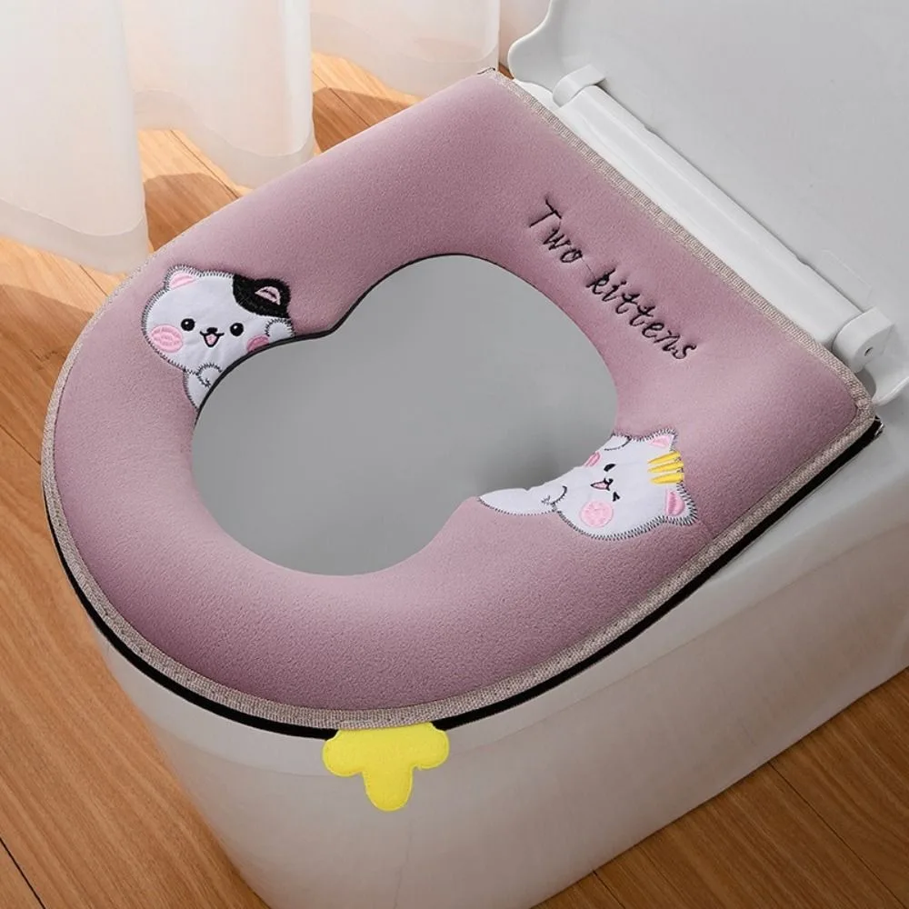 

Soft Thickened Toilet Seat Cover Zipper Closure Removable Protective Cover Cartoon Pattern Toilet Mat Cushion Autumn Winter