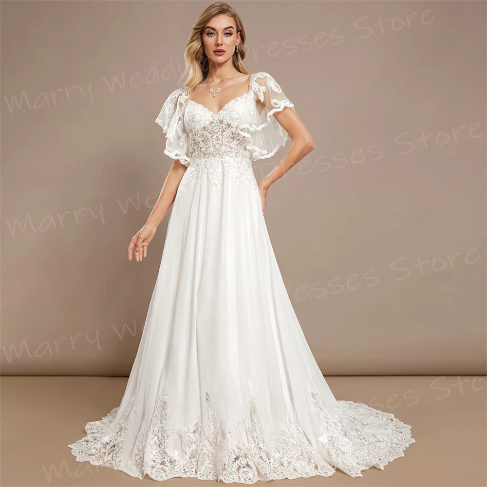 

Exquisite A Line Women's Wedding Dresses Beautiful Lace Appliques Bride Gowns Charming V Neck Cap Sleeve Backless Robe De Mariée