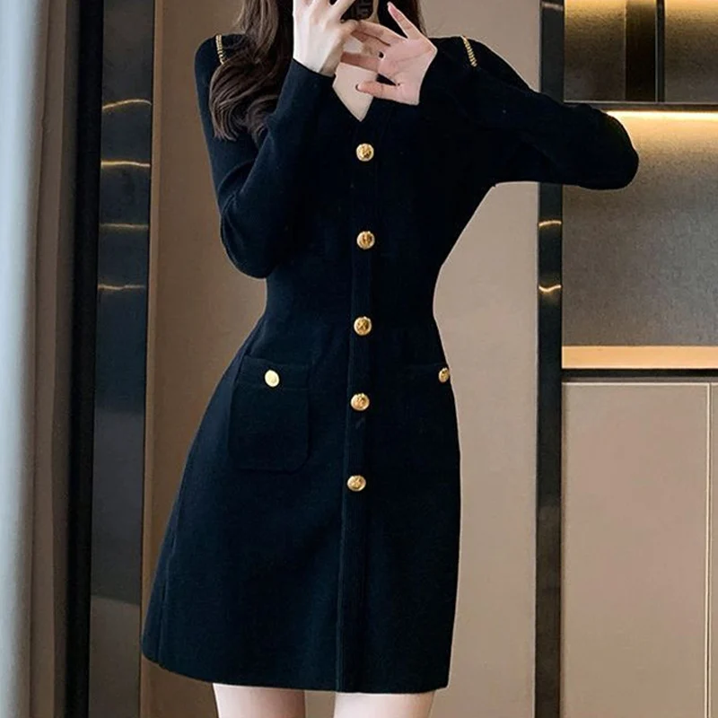 Spring Fashion Elegant Chic Chain Button Black Party Knitted Dresses Women V Neck Long Sleeve Slim Basic Mini Dress Clothes 2023