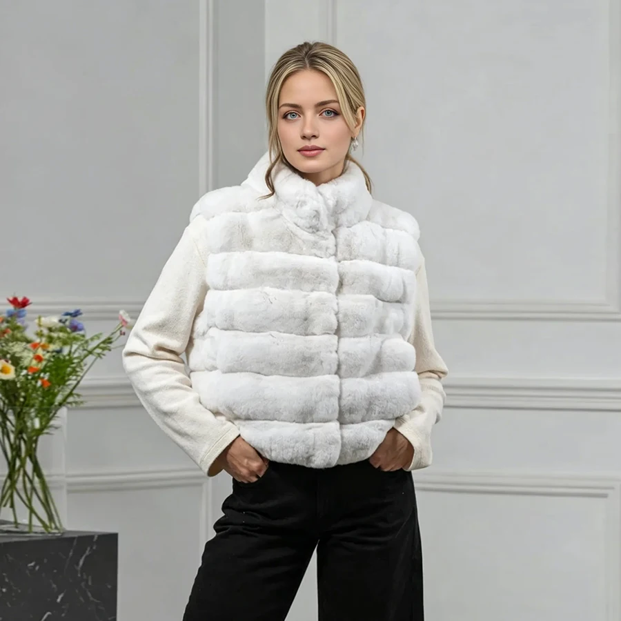 

Short Rex Rabbit Fur Vest With Stand Collar Real Fur Waistcoat Furry Jacket High Quality Chinchilla Fur Coat Women