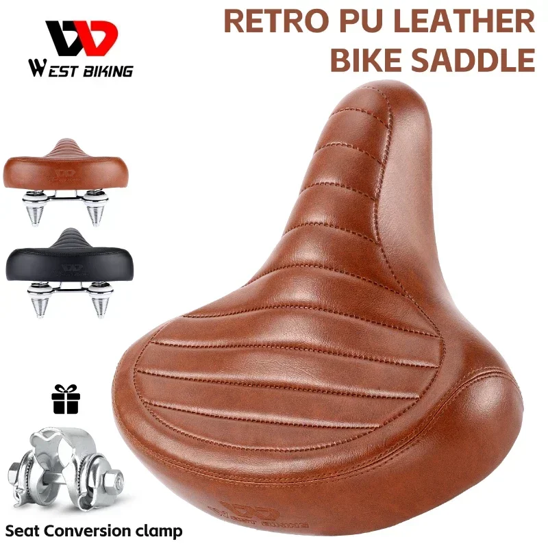 WEST BIKING MTB Spring Saddle Electric Bike Wide Comfortable Bicycle Seat Leather Retro Brown Saddle Soft Shock-Absorbing Saddle