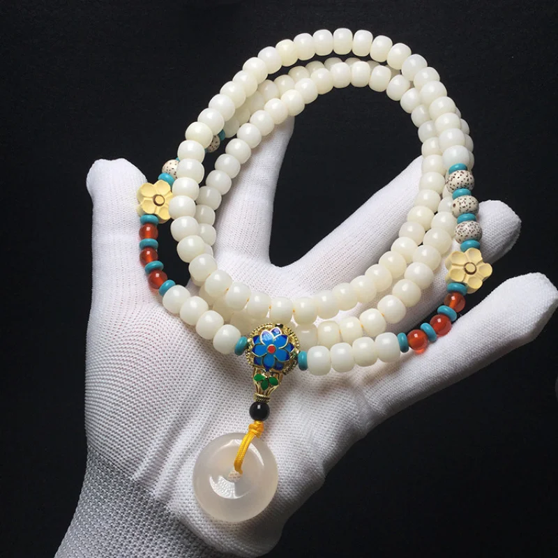 Bodhi Root Necklace with 108 Buddhist Beads, Boxwood Plum Blossom, White Agate, Peace Pendant, Cloisonné, Three-way Design