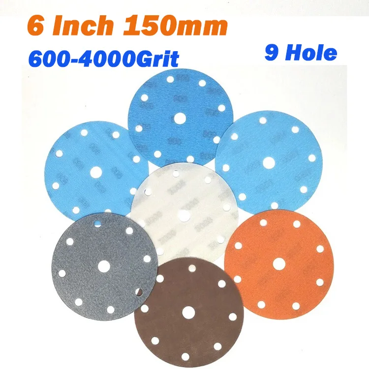

6 дюймов, 150 мм, 9 отверстий, зернистость 600-4000, FV, шлифовальные диски из мягкой пленки, шлифовальные диски для влажной и сухой шлифовки, наждачная бумага, крючок и петля, пленочные подушечки для автоматического тела