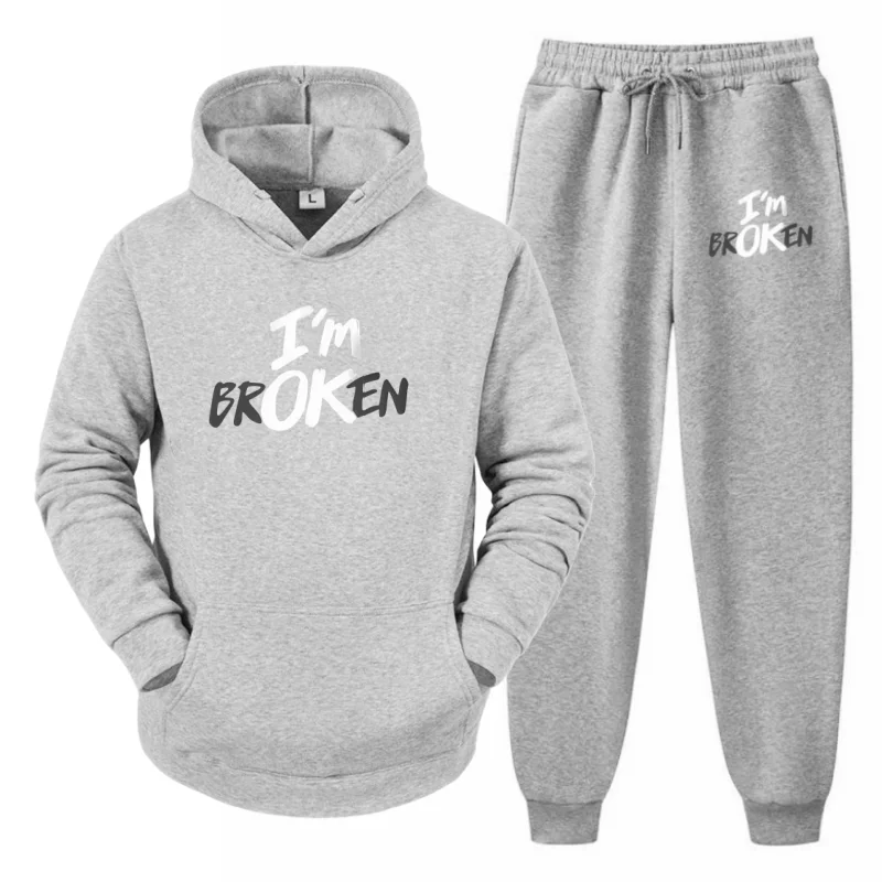

Thermal Warm Men's Oversized Set – Stylish Casual Hoodie & Trouser with "I'm OK/Broken" Print, Two-Piece Sportswear Outfit