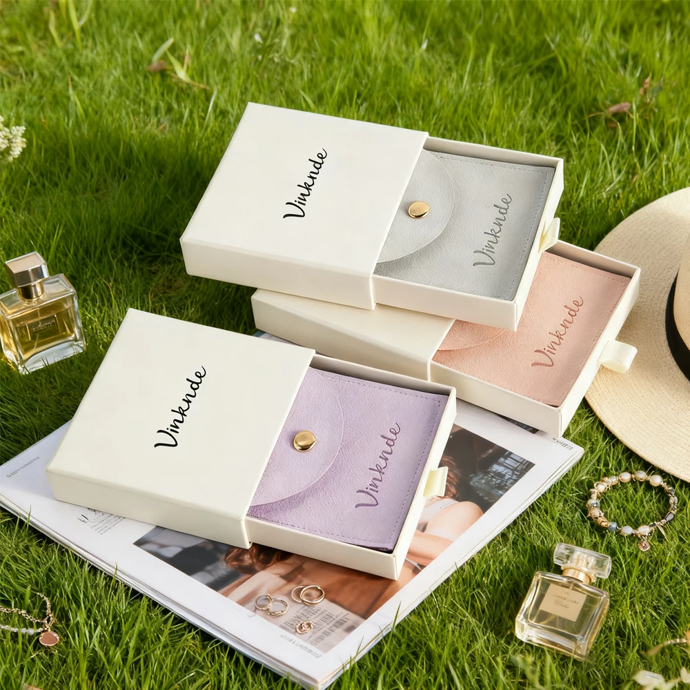 

100 шт., выдвижные ящики на заказ, шкатулки для драгоценностей, роскошное кольцо, бежевая бумажная подарочная коробка, сумки из микрофибры на кнопках для сережек, ювелирных изделий