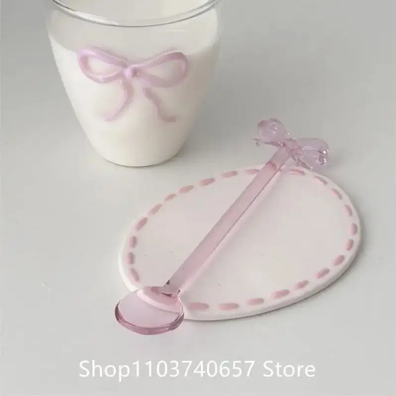 

Pink Bowknot Handle Stirring Spoon Milk Dessert Ice Cream Spoon High Temperature Glass Spoon Household Coffee Mixing Spoon