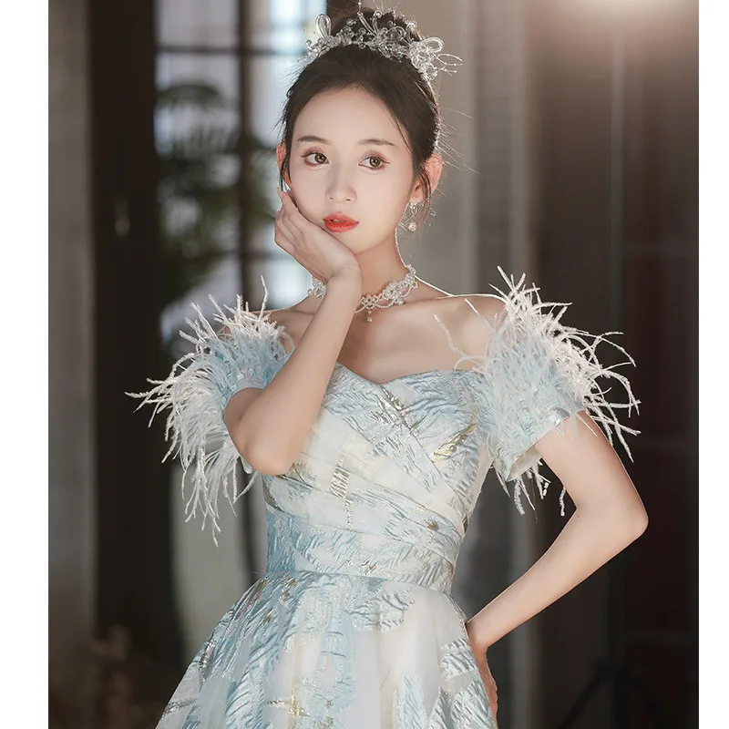 

Sexy Blue Evening Dresses Extravagant One-shoulder Tube Top Sleeveless Feather Princess Fluffy Dress Formal Dress Women Elegant