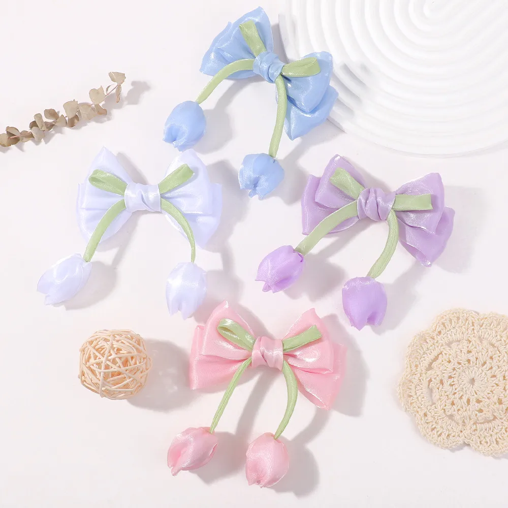 

BABY BOWS 2Pcs/Set GrilsTulip Flower Hair Accessory Hair Clip Boutique Satin Bows Ponytail Hairgripes Elegant Hair Accessories