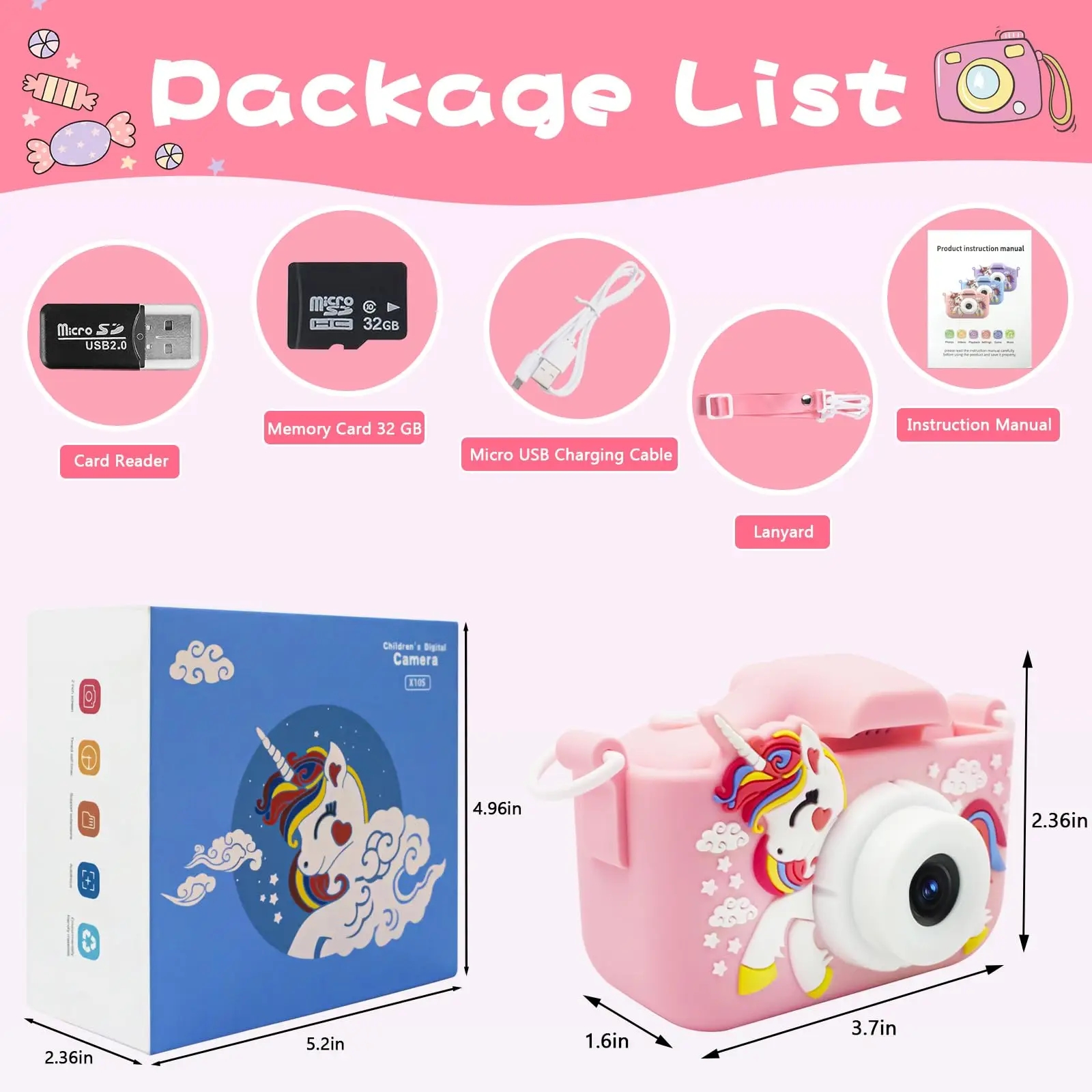 Kids Camera Toys Cute Horse Unicorn 32MP1080P HD Digital Camera for Toddler Kid Christmas Birthday Festival Children Gift