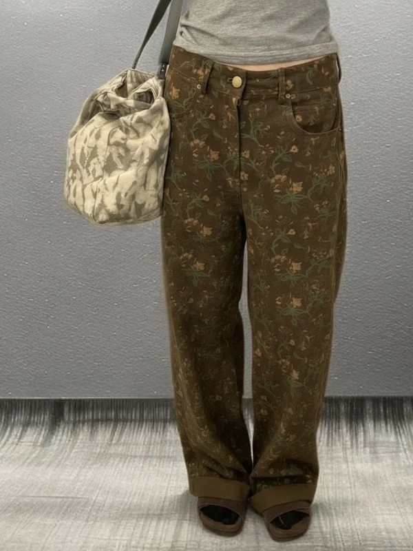 

Spring High Waist Floral Print Wide Leg Jeans Plant Pattern Casual Style Women's Premium Feeling Fashionable Streetwear