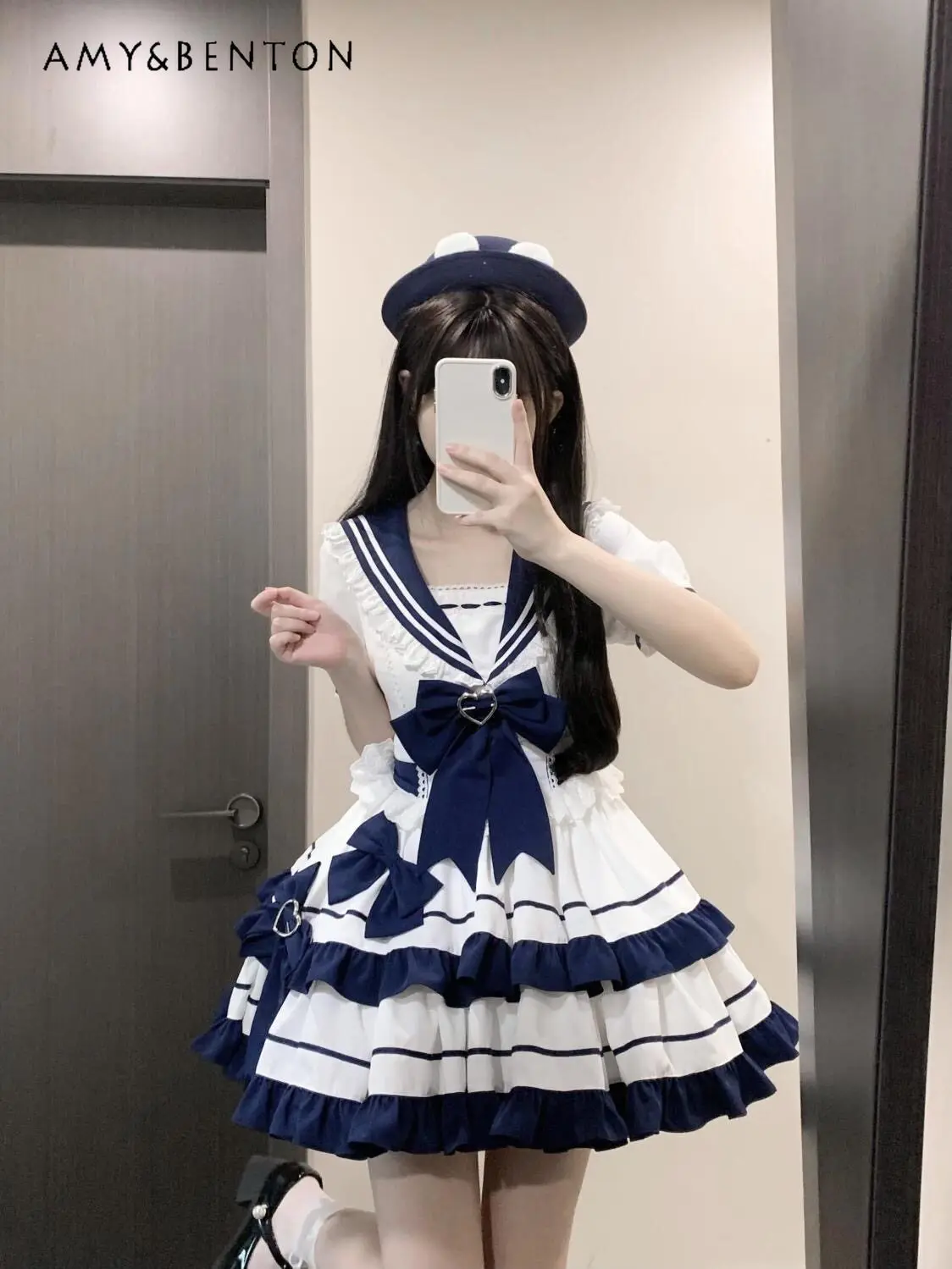 

2026 Summer Japanese Style Sweet Bow Short Sleeve Lolita Dress White Blue Slim Fit Cute Girls Princess Dress with Bustle