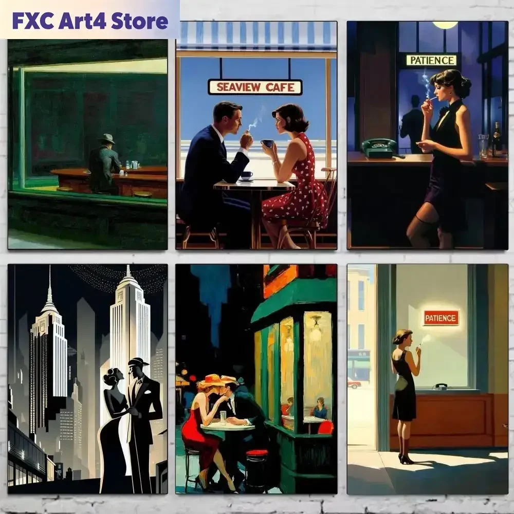 Frameless 1pc Edward Hopper City Poster Self- Art  Paper Sticker Coffee House Bar Room Wall Decor