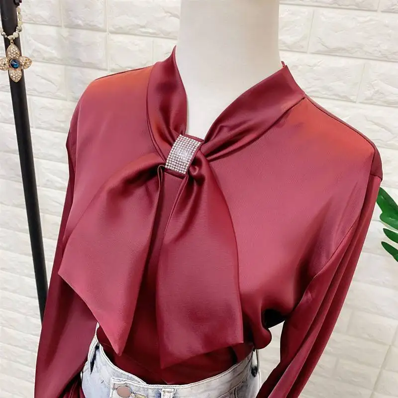 Bright Diamond Bow Wine Red Chic Blouse Female Spring Autumn Lace Up Long Sleeved Chiffon Loose Small Bow Tie Pullover Shirt