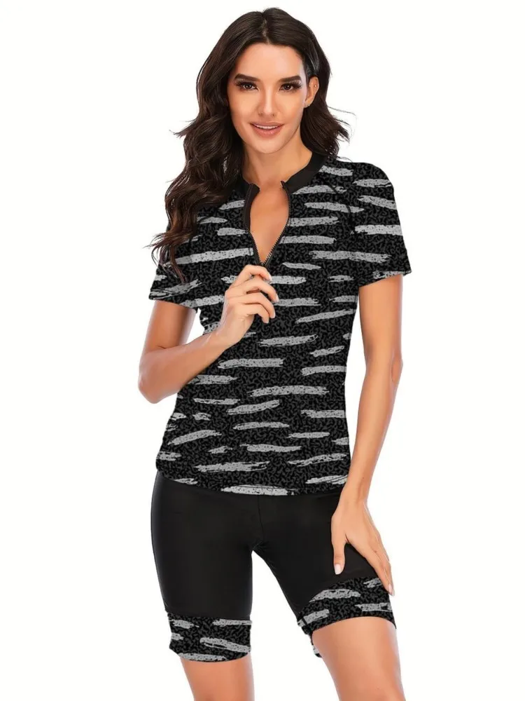 

2025 Surfing Sport Swimsuit Short Sleeves Women Two Piece Swimsuit Swimwear Print Monokini Bathing Suit Tropical Bodysuit Female