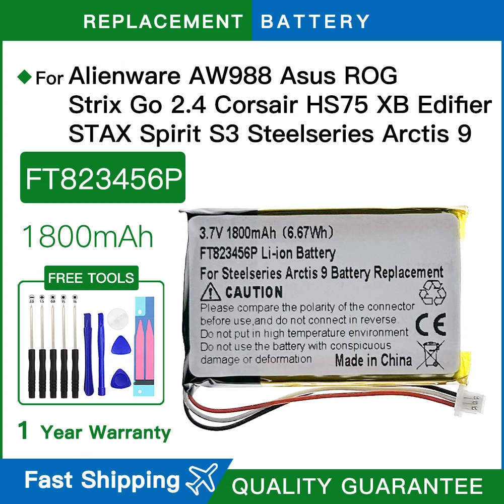 Batería FT823456P de 1800mAh para Alienware AW988 Asus ROG Strix Go 2,4 Corsair HS75 XB Edifier STAX Spirit S3 Steelseries Arctis 9