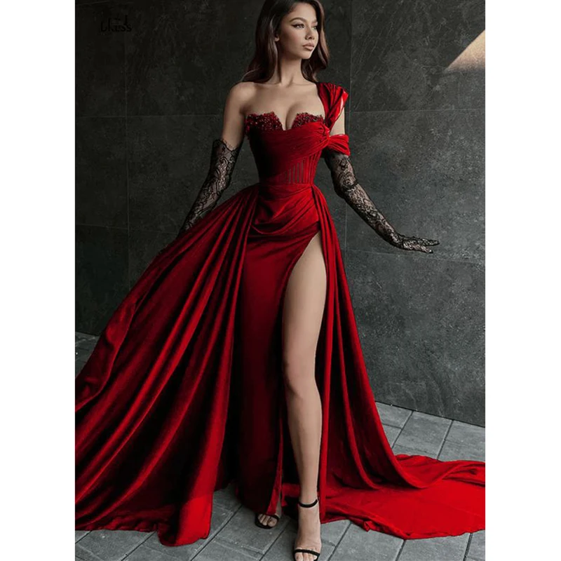 Sexy Red Prom Dress 2024Split Sleeveless One Shoulder Whithout Gloves Pleat Straight Detachable Train Special Event Pretty Women