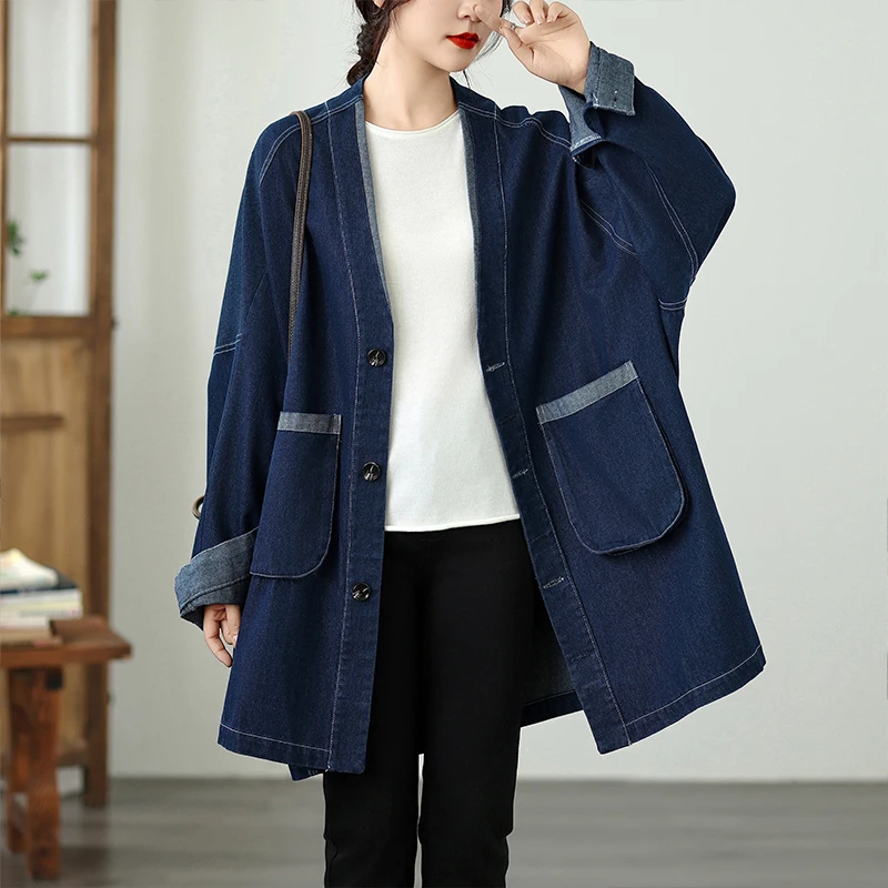 

Retro V-neck Large Pocket Denim Jacket Loose Jean Trench Coat Women Single-Breasted Long Coat Y2K Harajuku Casual Streetwear