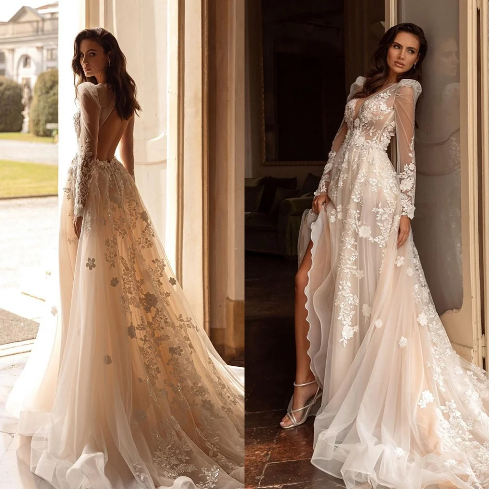 사용자 정의 절묘한 흰색 Organza 웨딩 드레스 섬세한 v-목 긴 소매 신부 파티 클래식 Backless Vestido De Novia