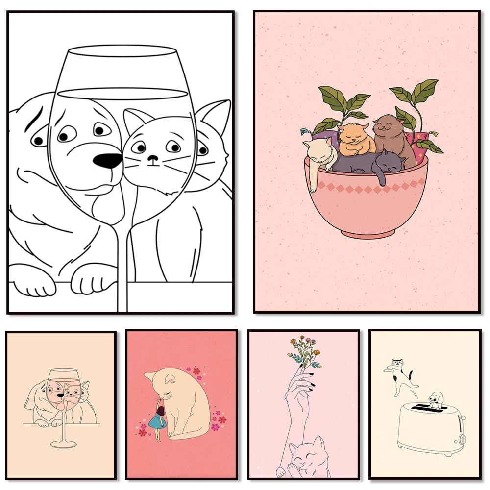 Cat and dog line art, cute pet illustrations, suitable for cat lovers, fun kitchen art, cat and plant themed posters.