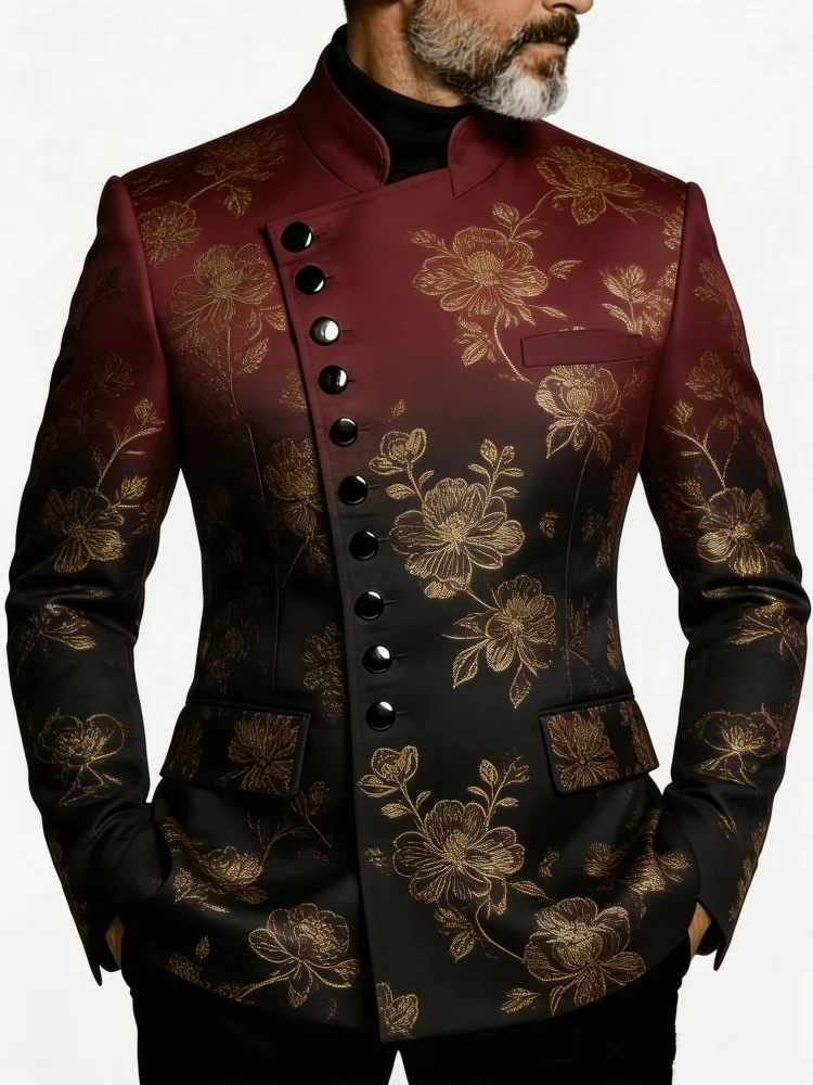 Mens Stand Collar Diagonal Button Gradient Red Black Gold Floral Slim Fit Blazer Men Wedding Party Stage Outerwear