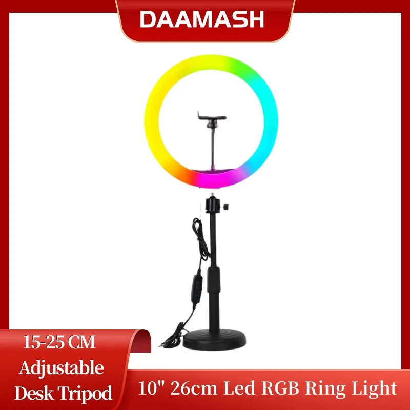 Anneau Lumineux LED RVB de 26cm pour Photographie et Selfie, Lampe de Remplissage à Distance pour Téléphone, Trépied de Bureau, Vidéo en Direct