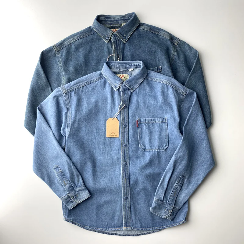 Heavyweight Cotton Workwear Shirt American Casual Long Sleeve Thick Denim Washed Resistant Wear Spring Autumn Pure Color