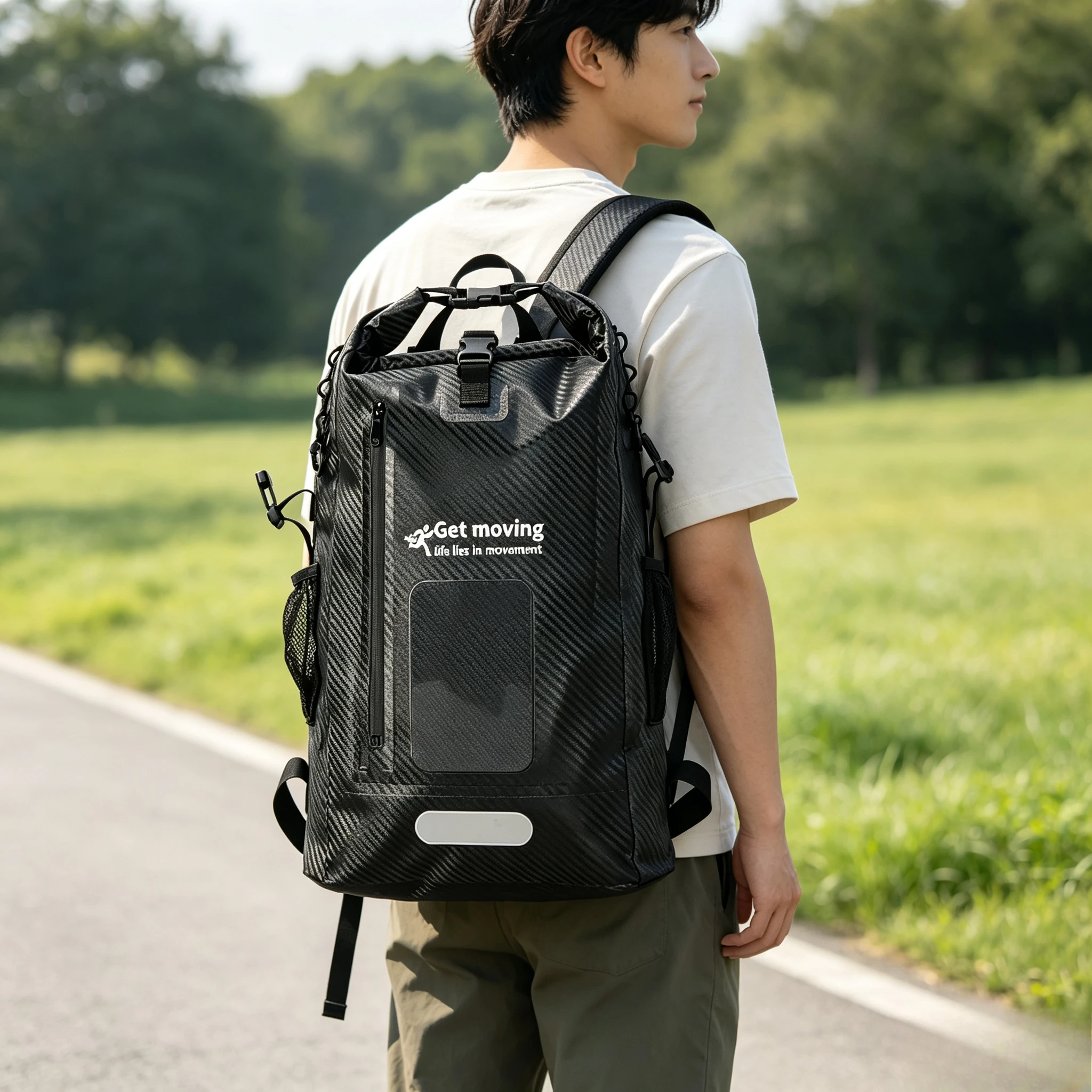 25L Waterproof Outdoor Backpack, Carbon Fiber Texture Daypack with Touch Phone Window, Multi-Layer Large Capacity Beach Sports