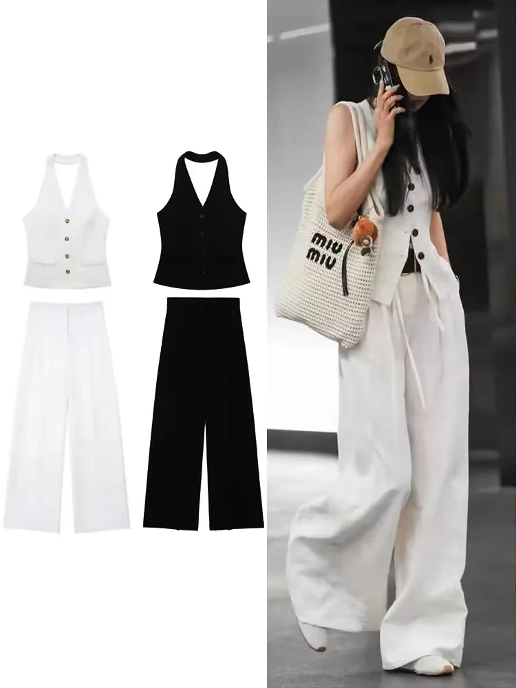 

2024 Women Pants 2 Pieces Set Casual Loose Office Lady Zipper Long Pants+ Solid Sleeveless V Neck Sexy Vest Tank Tops
