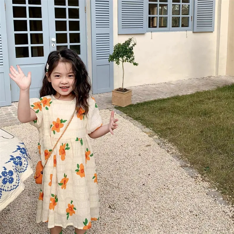 Girls' Floral Breathable Short Sleeve Dress Princess Dress25Summer New Foreign Trade Children's Wear Delivery3-8Years Old