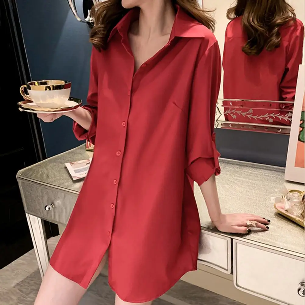 Women Button Up Mini Dress Women\'s Casual Shirt Dress Spring Autumn Mid-length Lapel Long Sleeve Single Breasted Solid Color