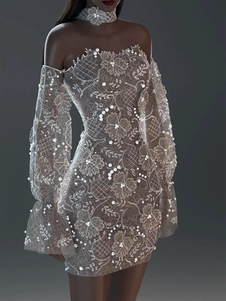 أنيقة قبالة الكتف الدانتيل الخرز كم كامل فساتين زفاف العروس البسيطة أثواب الزفاف حسب الطلب