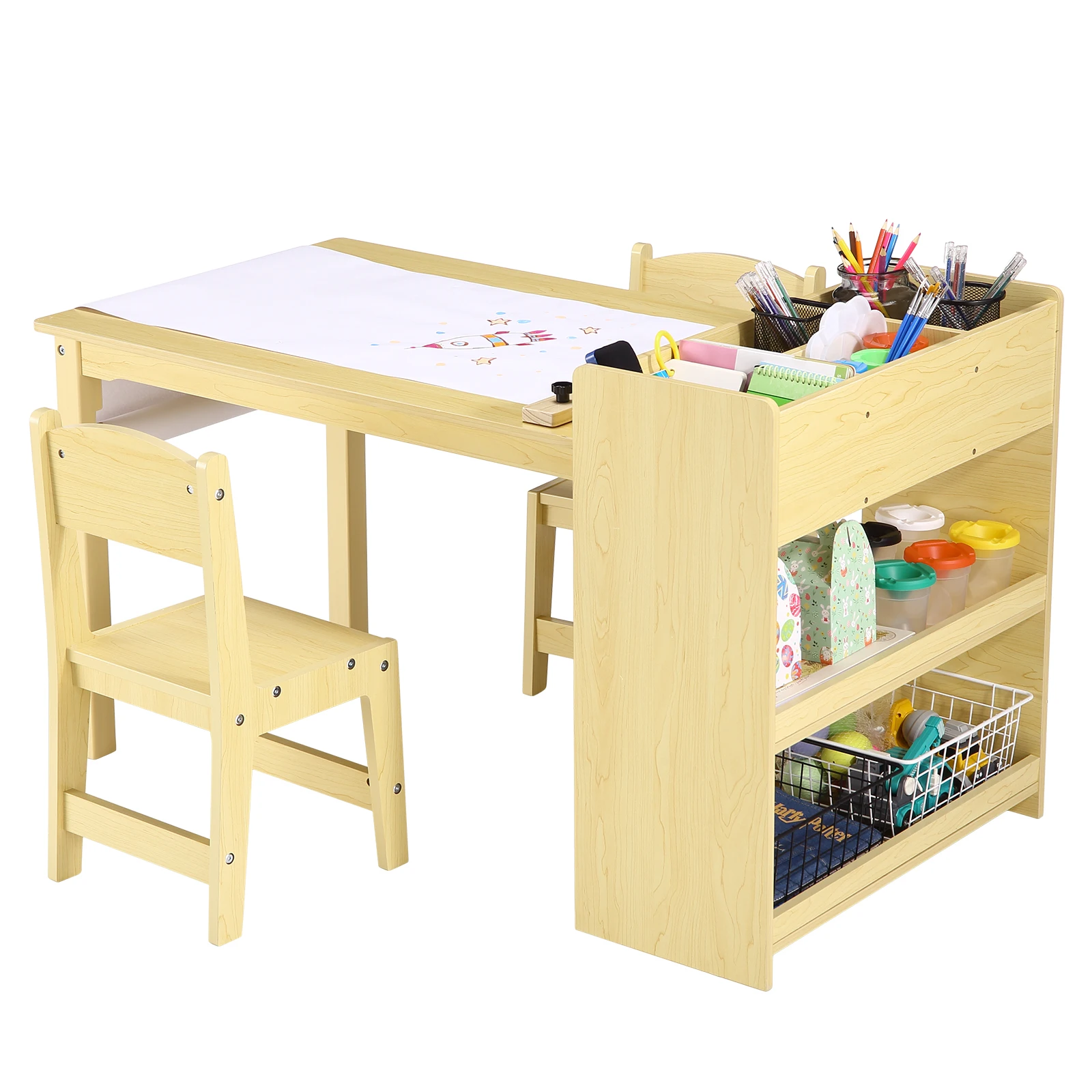 3pcs Kids Art Table and Chair Set, Craft Table with 2 Chair, Kids Activity Desk with Storage Shelves, Wooden Drawing Desk