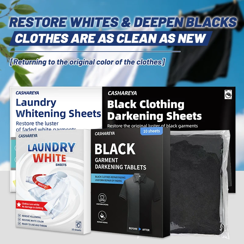 CASHAREYA Pack Hojas Restauradoras de Color 20uds - 10 Negro + 10 Blanco | Anti decoloración, Elimina el Amarilleo, Recupera el Negro Intenso y Devuelve el Blanco Brillante, Papel para Lavadora