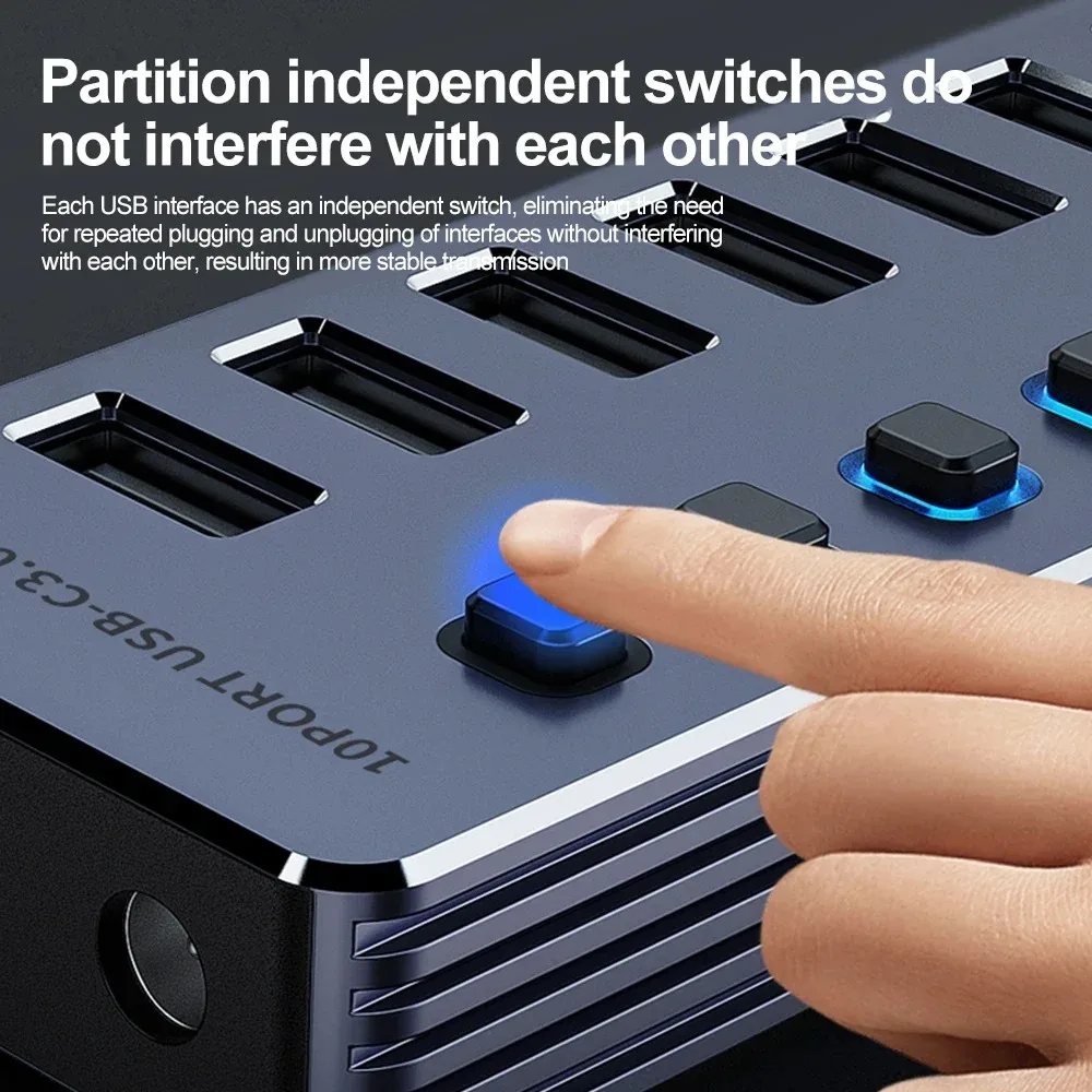 KEBIDUMEI 10-in-1 USB 3.0 Hub 5Gbps High Speed Docking Station Independent On/Off Switch Type-C Splitter for PC Laptop Desktop