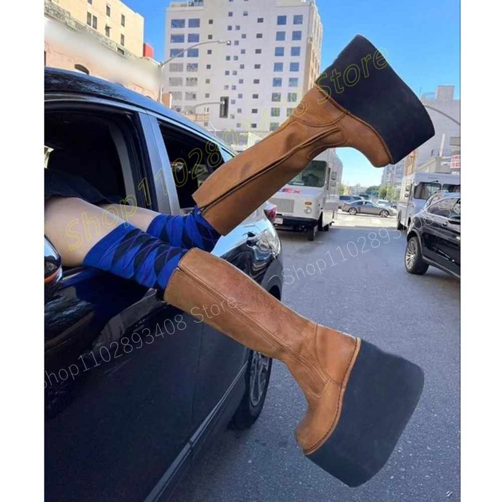 Brown Matte Leather Thick Soled Mid Calf Boots Wedges High Heel Side Zipper Sexy Fashion Women Shoes 2024 Autumn Para Mujere