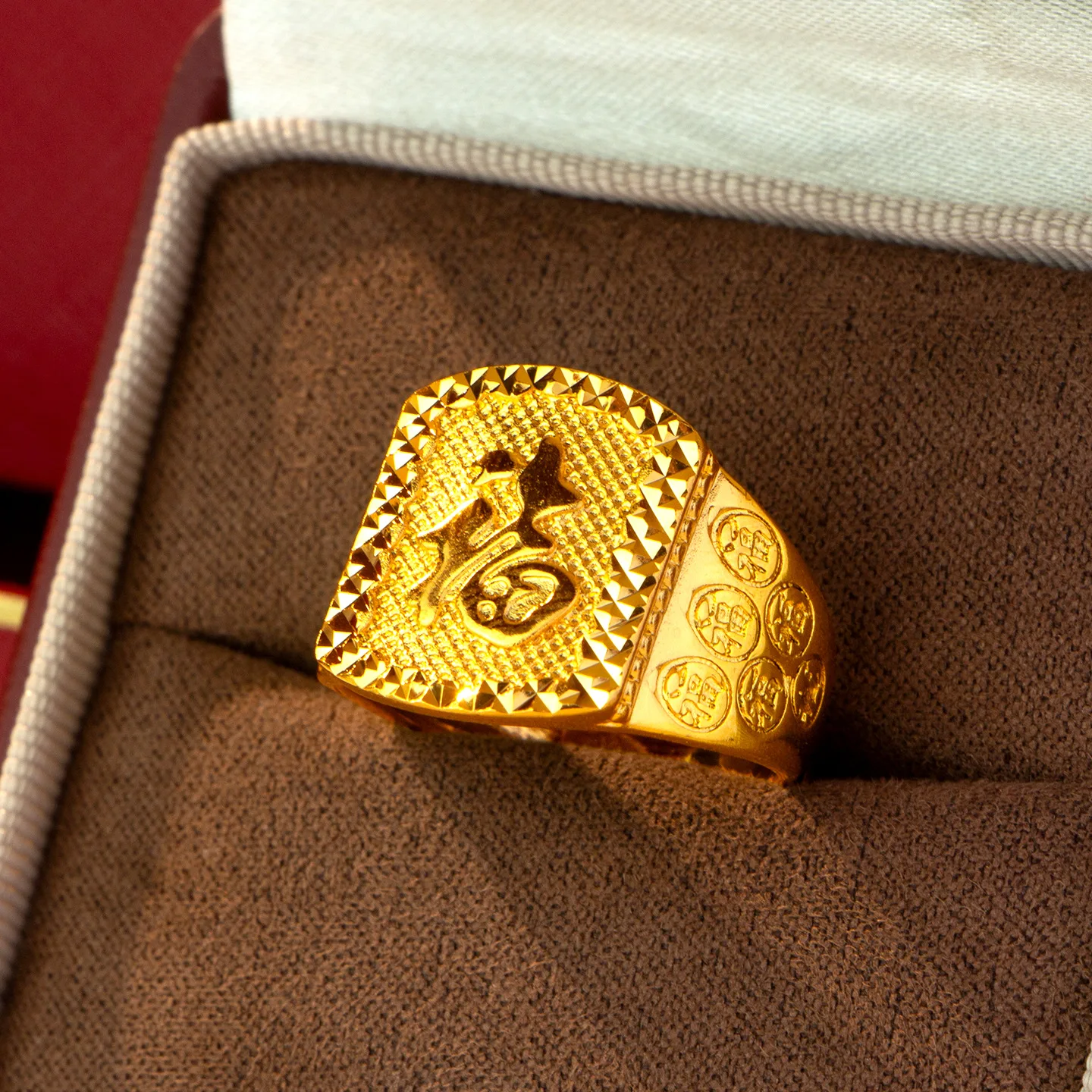 Fu Character Open Ring Men's 24K Gold AU999-Value-preserving durable AU999 gold, timeless fu ring design,for gifting or wearing