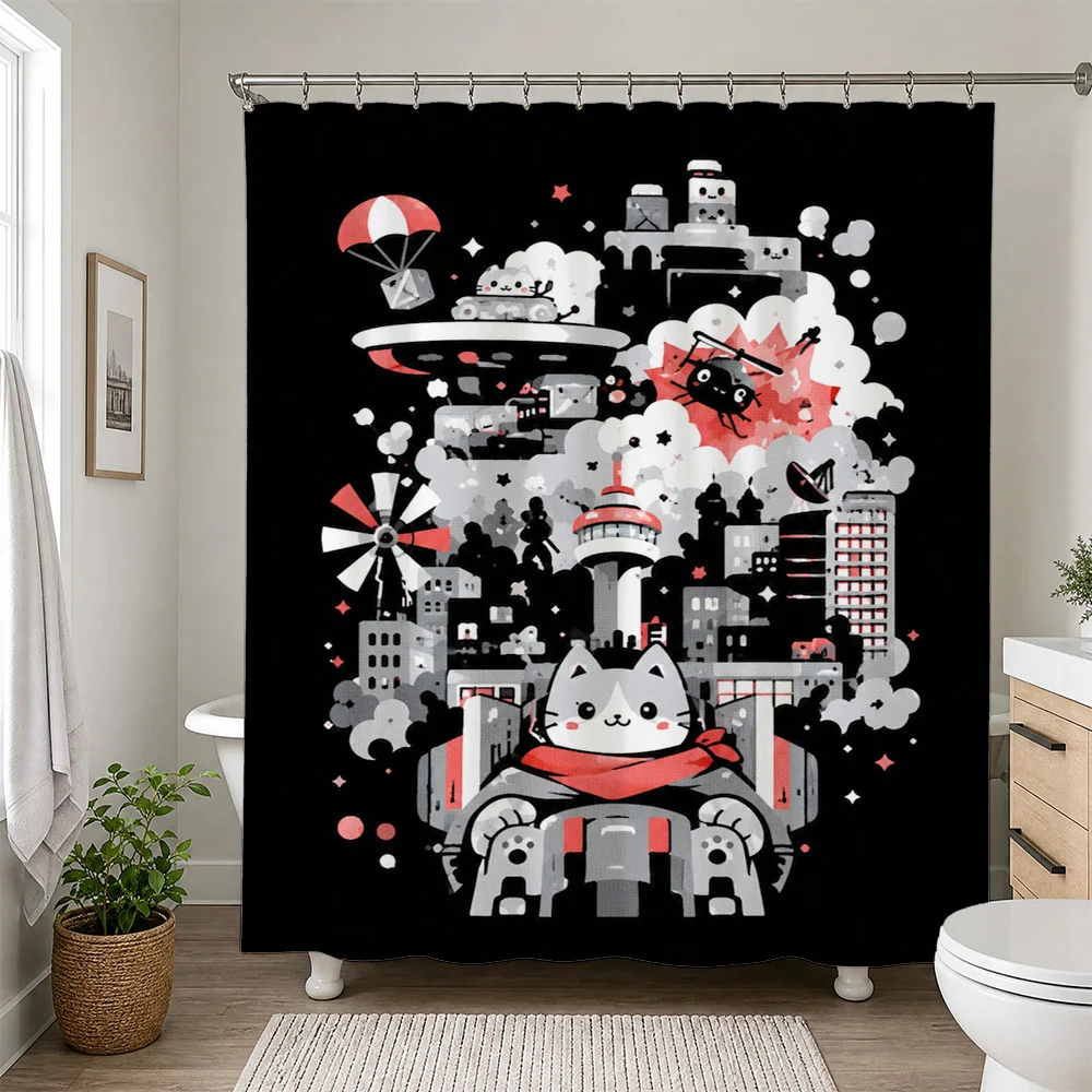 Kawaii Cat Cityscape Adventure Shower Curtain Cute Pop Art Cartoon Bathroom Decor for Kids