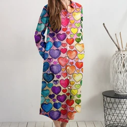 2024 Autumn Women's Elegant Dresses Party Maxi Love Printed Dresses Evening Casual Daywear V Neck Long Sleeve Pocket Dresses