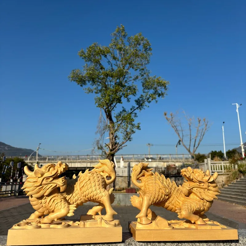 Hand-Carved Hinoki Wood Kylin Qilin Statue - 8.7