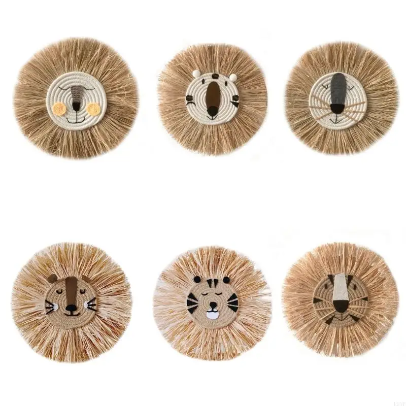 L5YF Nordic Hand Woven Cartoon Animal Hanging Wall Pendant Cotton Thread Weaving Lion for Head Ornaments Children Room