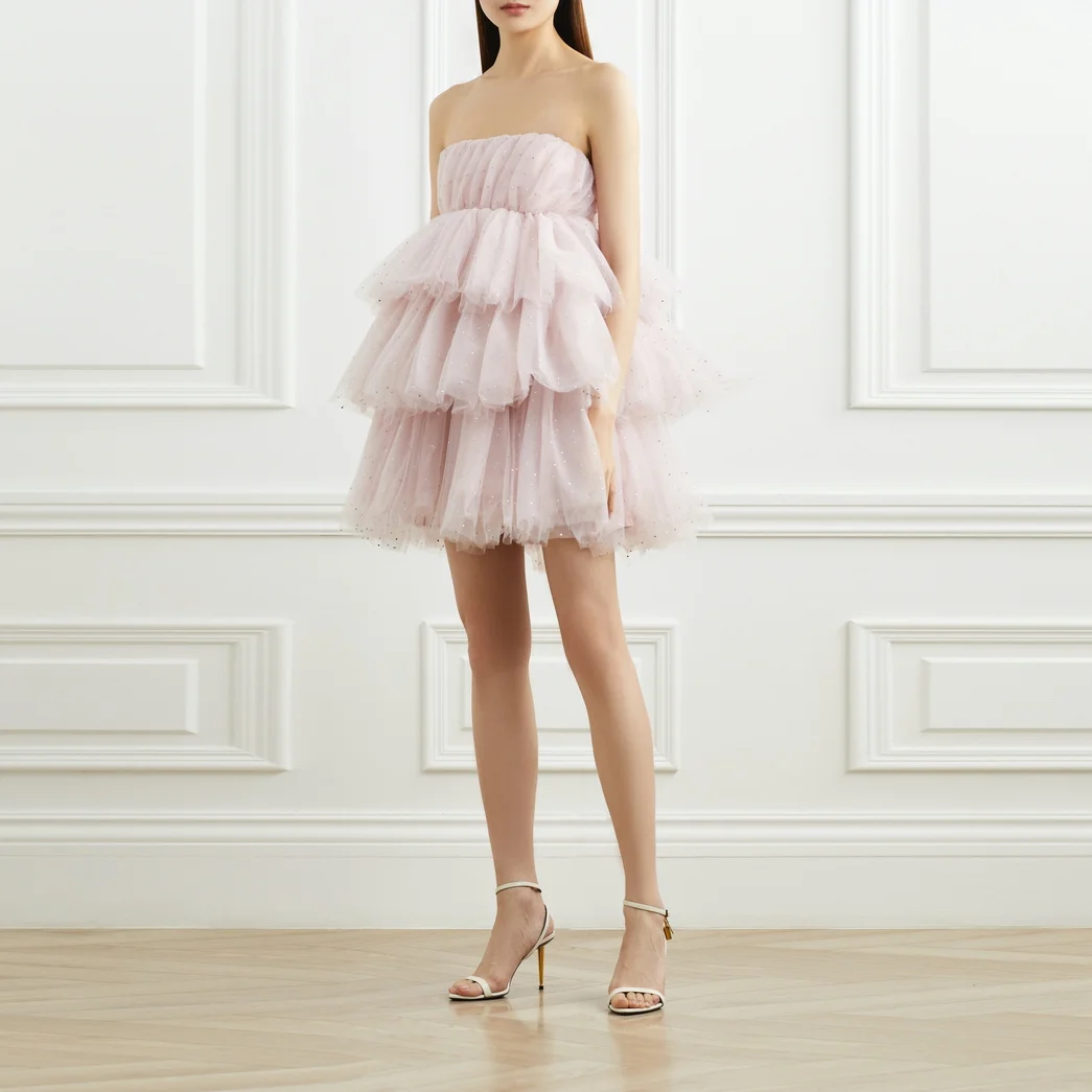 

Puffy Prom Gowns Tulle for Birthday Pink Short Strapless Prom Dresses Sequins Mini Dress Layered Ruffle Off The Shoulder