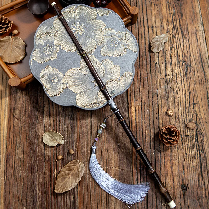 Purple bamboo waist fan Hanfu group fan Chinese style long handle fringed rollable folding fan classical portable waist CRAFT
