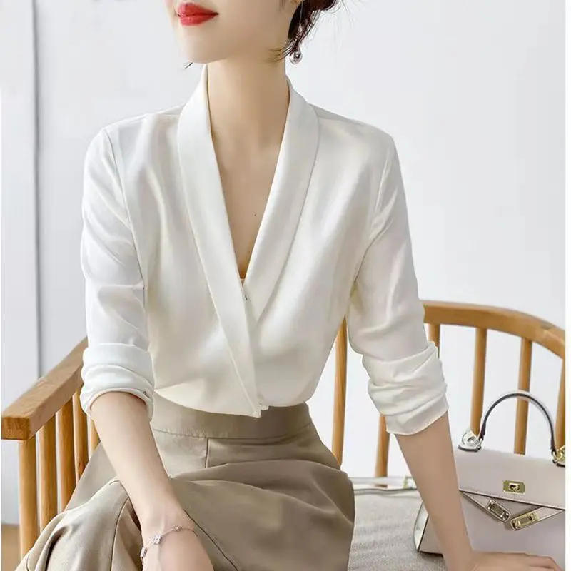 Stylish Female Notched Long Sleeve Elegant Shirt 2023 Spring New Women\'s Clothing Solid Color Work Wear Ladies Commuter Blouses