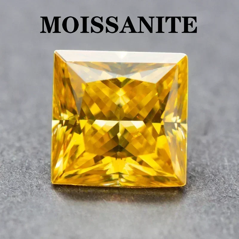 

Moissanite Stone Golden Yellow Color Princess Cut Artificial Gemstone Advanced Jewelry Rings Earrings Making With Certificate