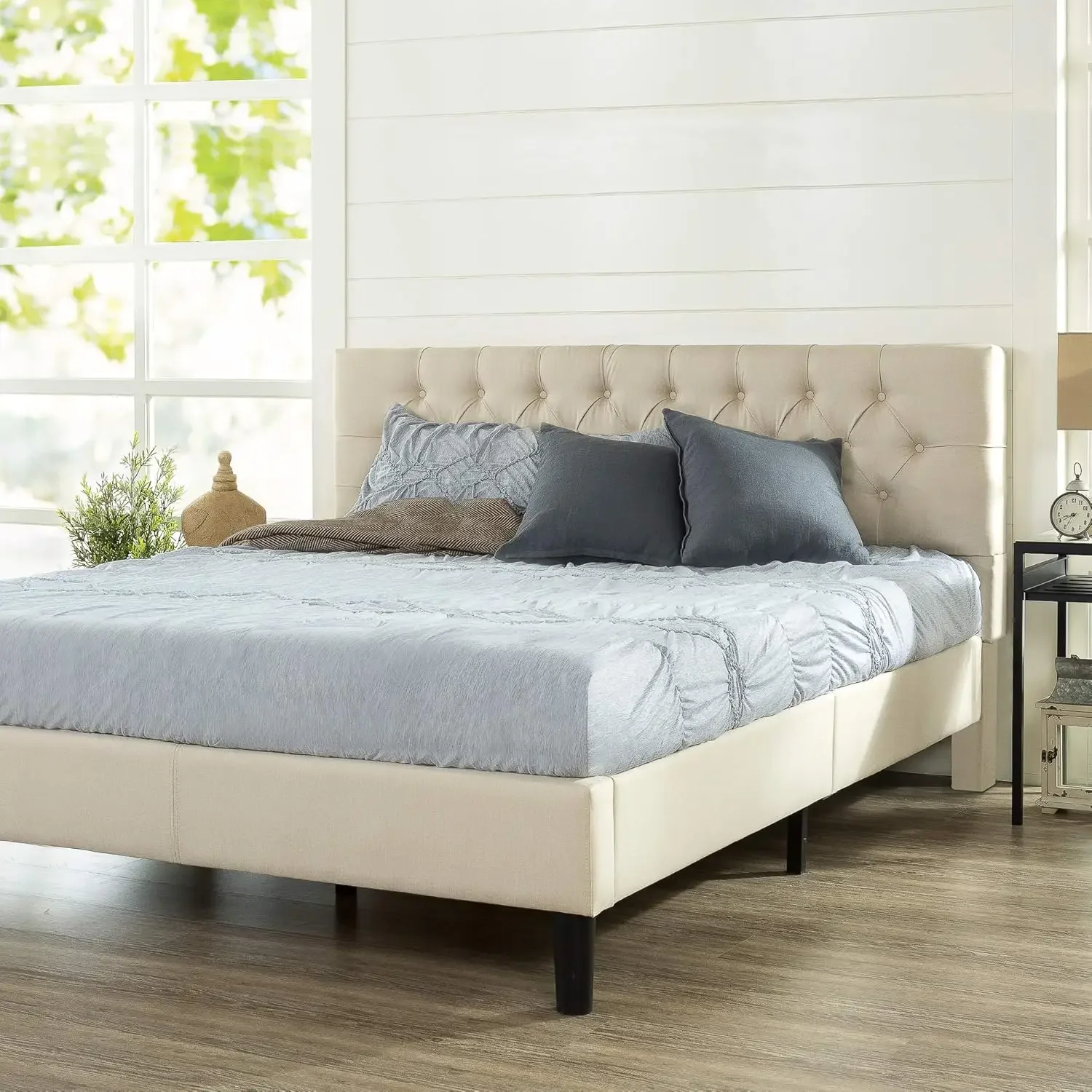 King Upholstered Platform Bed Frame with Mattress Foundation Wood Slat Support No Box Spring Needed Easy Assembly Taupe