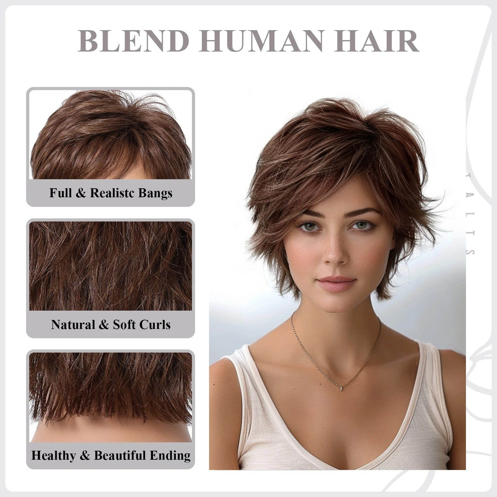 Short Pixie Cut Human Hair Blend Wigs Chestnut Brown Layered Wavy Bob Blend Human Hair Wigs with Bangs For Women Daily Use Wig