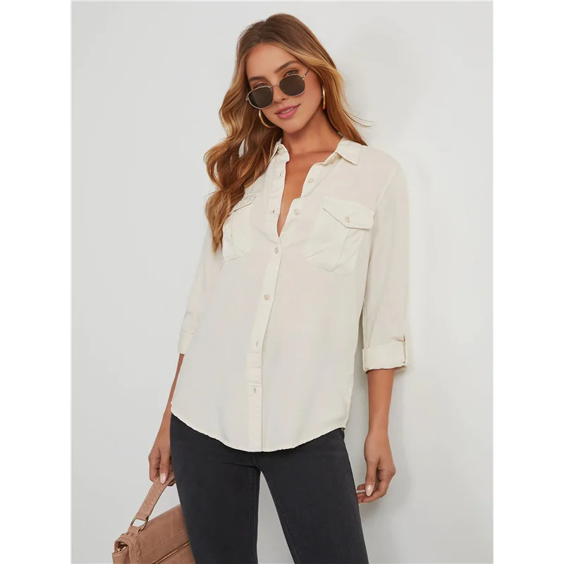 

CGS-Women Double Pockets Spliced Decoration Denim Shirt Jacket Single-Breasted Lapel Casual Female Tops