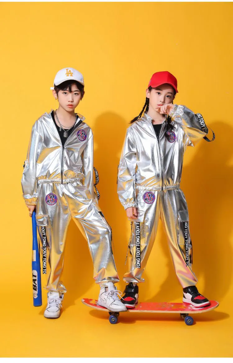 Silver Color Boy girl Hip-hop Set  Jazz Dance Costume Kids Children Performance jazz Clothes Dance Costume